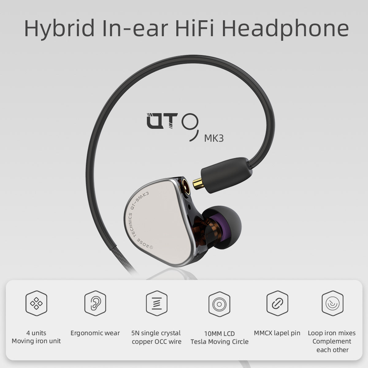 ROSE TECHNICS QT9 MK3, 1DD+4BA Hybrid In-Ear Monitor HiFi Earbuds Wired Earphones MMCX Detachable Headphone Cable IEM